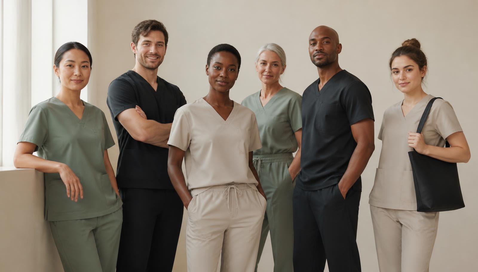 A group of diverse healthcare professionals wearing RYNE scrubs