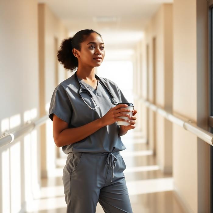 Healthcare professional in RYNE scrubs in a sunlit corridor