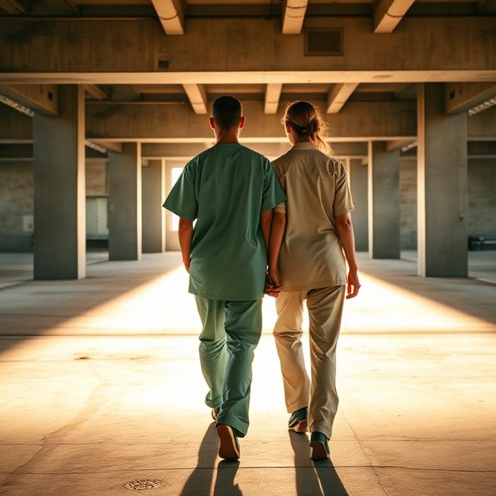 Two models walking in RYNE scrubs
